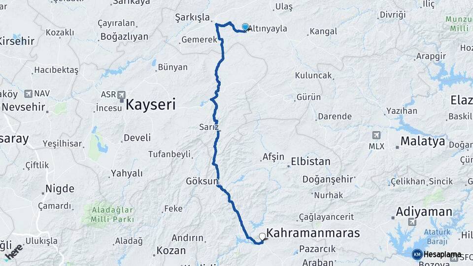 Sivas Altınyayla Kahramanmaraş Arası Kaç Km - Yol Haritası