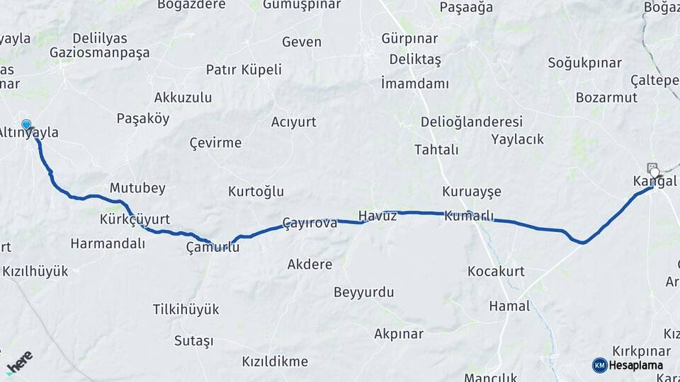 Sivas Altınyayla Kangal Arası Kaç Km - Yol Haritası