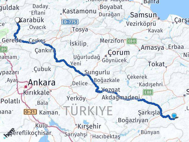 Sivas Altınyayla Karabük Arası Kaç Km - Yol Haritası