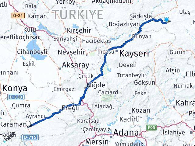 Sivas Altınyayla Karaman Arası Kaç Km - Yol Haritası