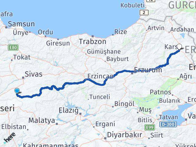 Sivas Altınyayla Kars Arası Kaç Km - Yol Haritası
