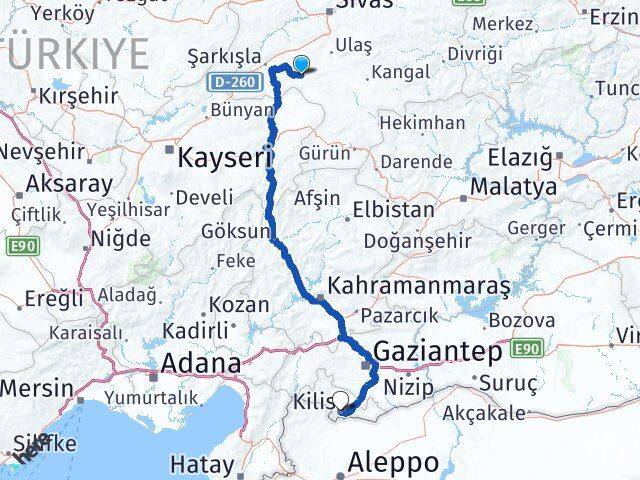 Sivas Altınyayla Kilis Arası Kaç Km - Yol Haritası