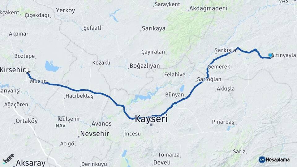 Sivas Altınyayla Kırşehir Arası Kaç Km - Yol Haritası