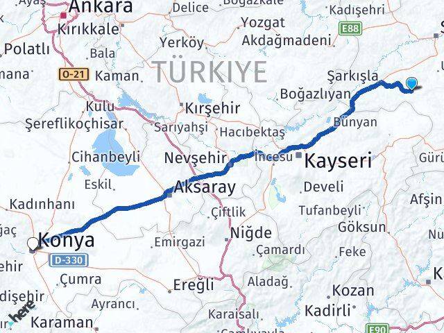 Sivas Altınyayla Konya Arası Kaç Km - Yol Haritası