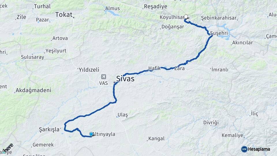 Sivas Altınyayla Koyulhisar Arası Kaç Km - Yol Haritası