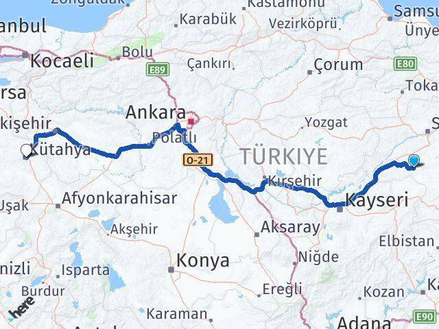 Sivas Altınyayla Kütahya Arası Kaç Km - Yol Haritası