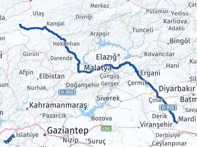 Sivas Altınyayla Mardin Arası Kaç Km - Yol Haritası
