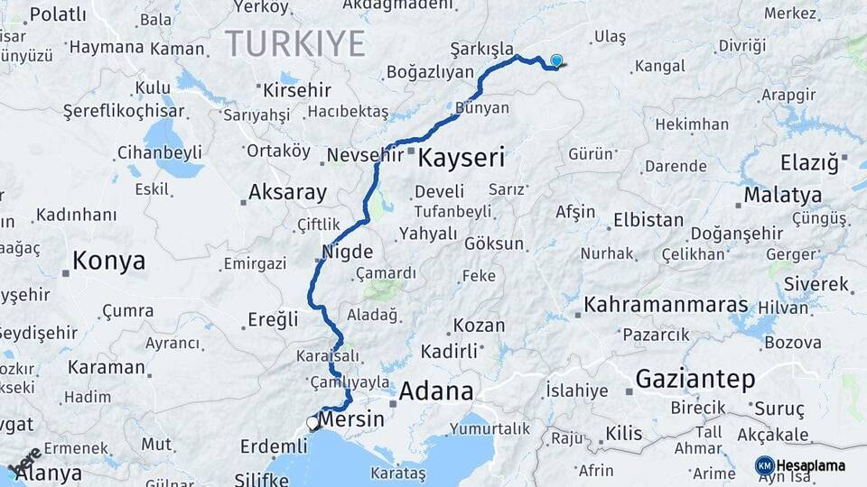 Sivas Altınyayla Mersin Arası Kaç Km - Yol Haritası