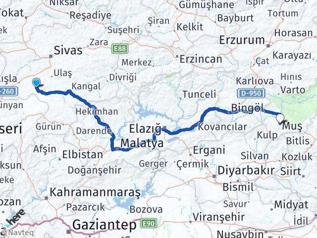 Sivas Altınyayla Muş Arası Kaç Km - Yol Haritası