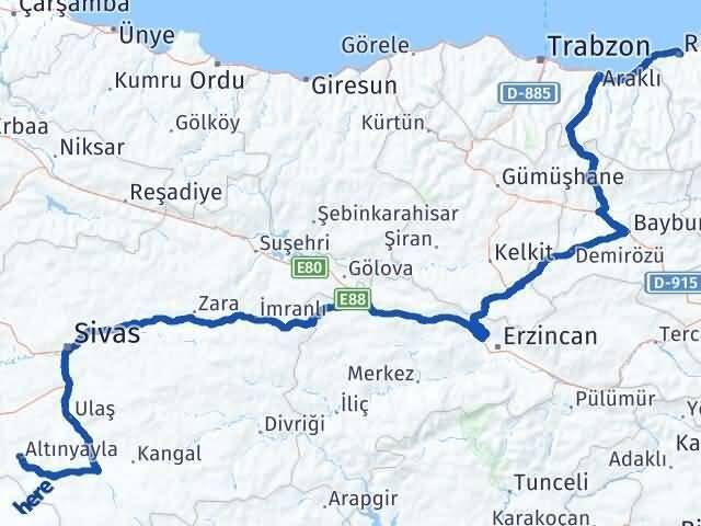 Sivas Altınyayla Rize Arası Kaç Km - Yol Haritası