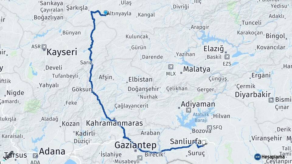 Sivas Altınyayla Şanlıurfa Arası Kaç Km - Yol Haritası
