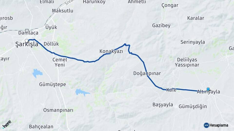 Sivas Altınyayla Şarkışla Arası Kaç Km - Yol Haritası