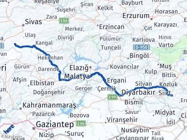 Sivas Altınyayla Siirt Arası Kaç Km - Yol Haritası