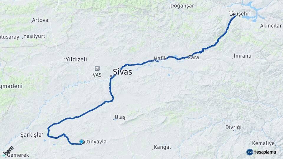 Sivas Altınyayla Suşehri Arası Kaç Km - Yol Haritası