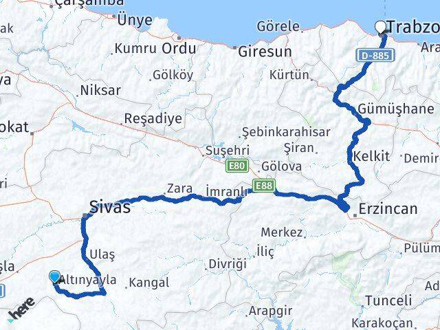 Sivas Altınyayla Trabzon Arası Kaç Km - Yol Haritası