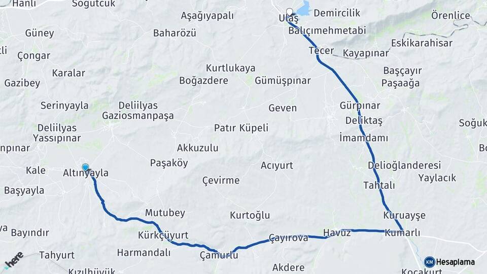 Sivas Altınyayla Ulaş Arası Kaç Km - Yol Haritası