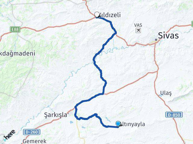 Sivas Altınyayla Yıldızeli Arası Kaç Km - Yol Haritası
