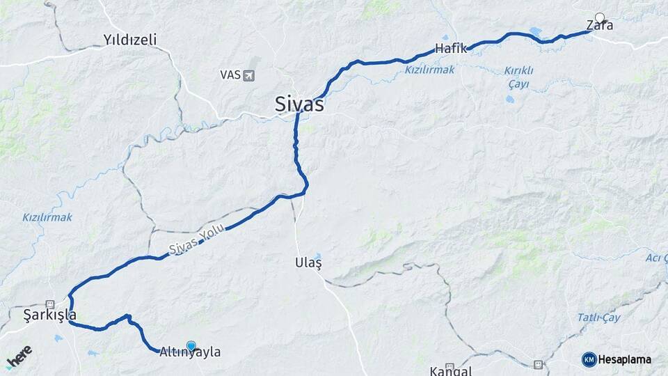 Sivas Altınyayla Zara Arası Kaç Km - Yol Haritası