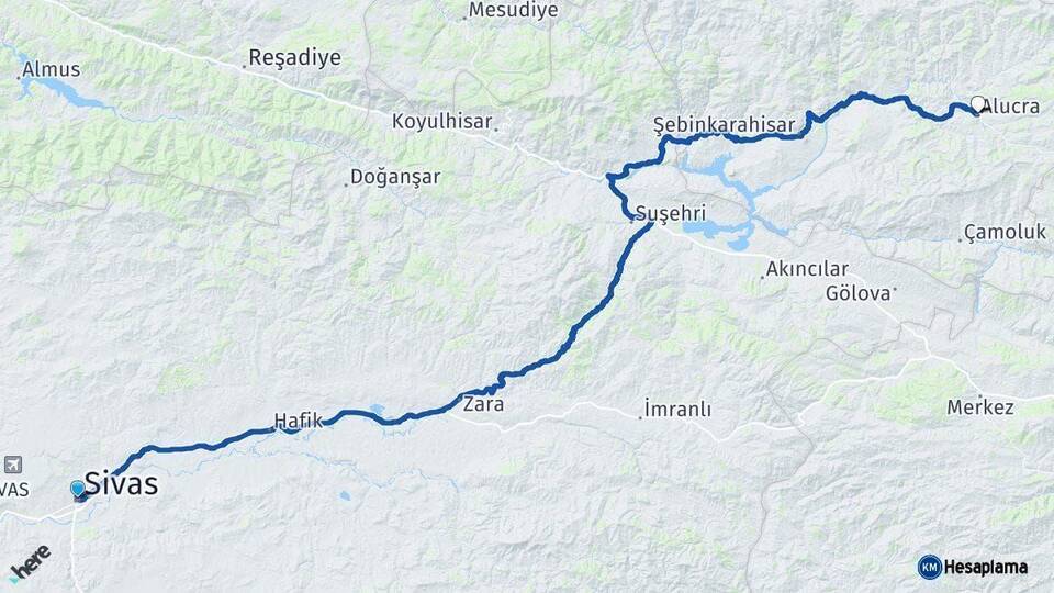 Sivas Alucra Giresun Arası Kaç Km - Yol Haritası