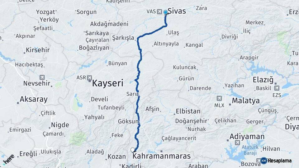 Sivas Andırın Kahramanmaraş Arası Kaç Km - Yol Haritası