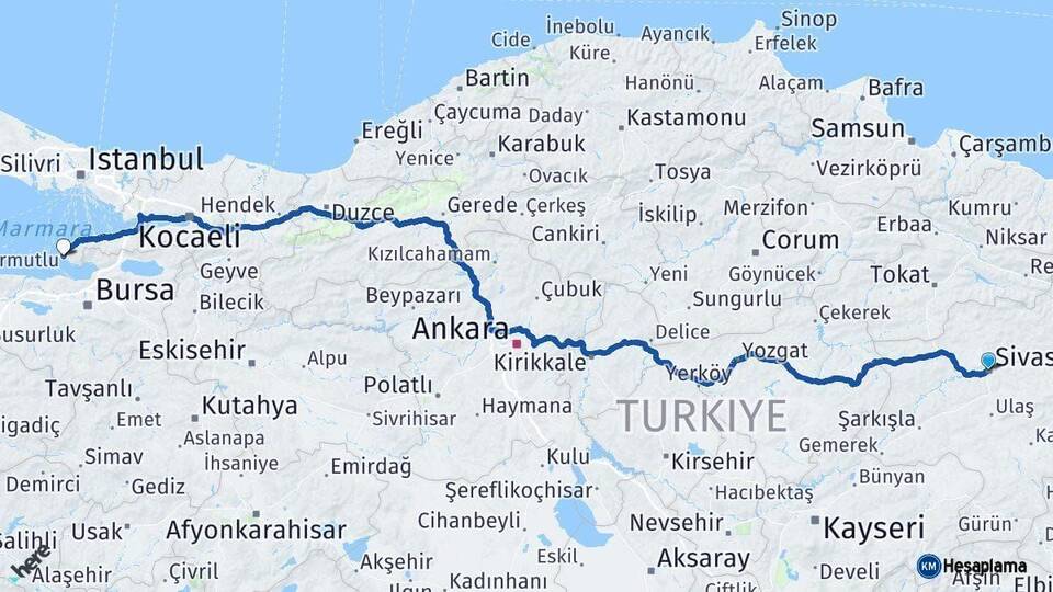 Sivas Armutlu Yalova Arası Kaç Km - Yol Haritası