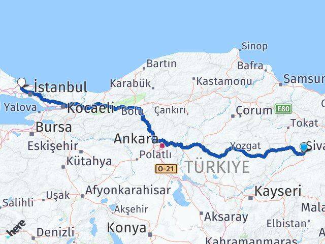 Sivas Arnavutköy İstanbul Arası Kaç Km - Yol Haritası