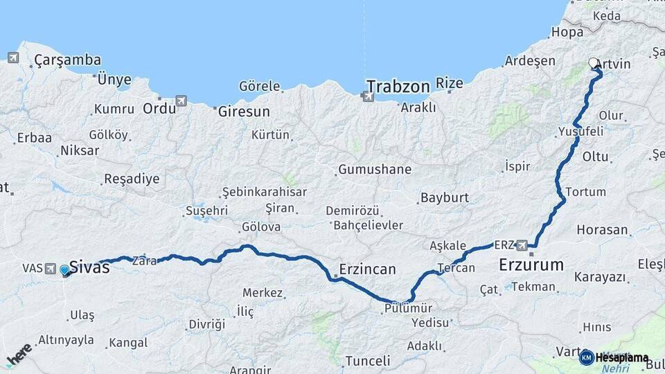 Sivas Artvin Arası Kaç Saat? Yol Haritası, Yakıt, Rota ve Mesafe Hesaplama Sivas Artvin Arası Kaç Km? Kaç Saat? Yol Haritası