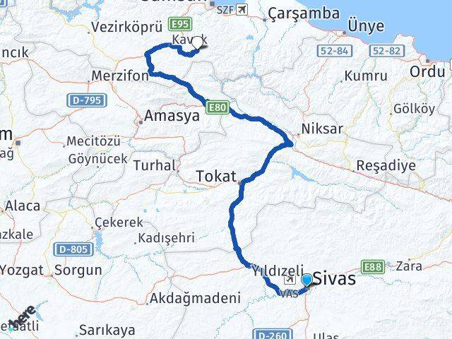 Sivas Asarcık Samsun Arası Kaç Km - Yol Haritası