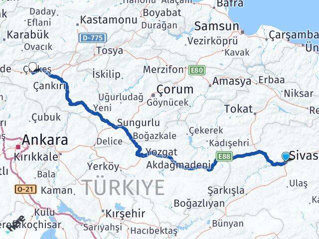 Sivas Atkaracalar Çankırı Arası Kaç Km - Yol Haritası
