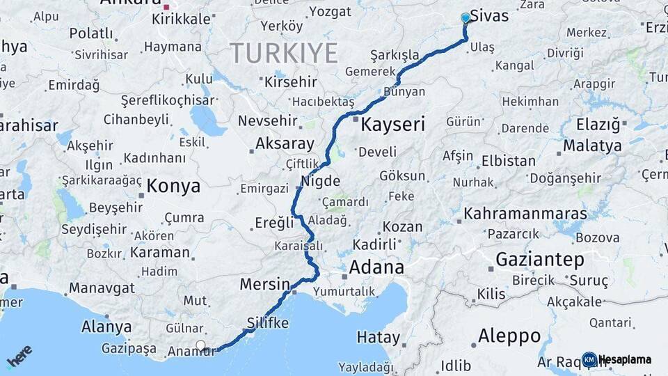 Sivas Aydıncık Mersin Arası Kaç Km - Yol Haritası