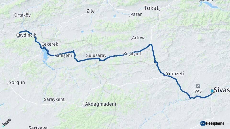 Sivas Aydıncık Yozgat Arası Kaç Km - Yol Haritası