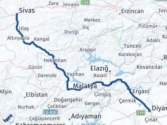 Sivas Bağlar Diyarbakır Arası Kaç Km - Yol Haritası