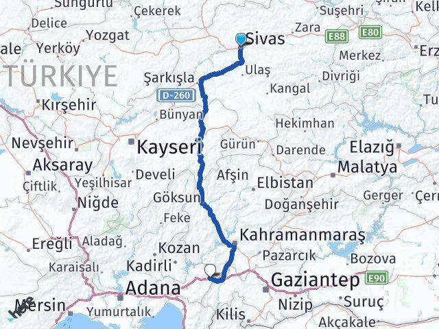 Sivas Bahçe Osmaniye Arası Kaç Km - Yol Haritası