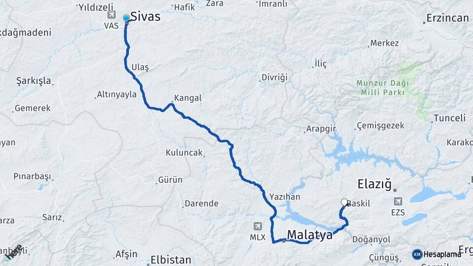 Sivas Baskil Elazığ Arası Kaç Km - Yol Haritası