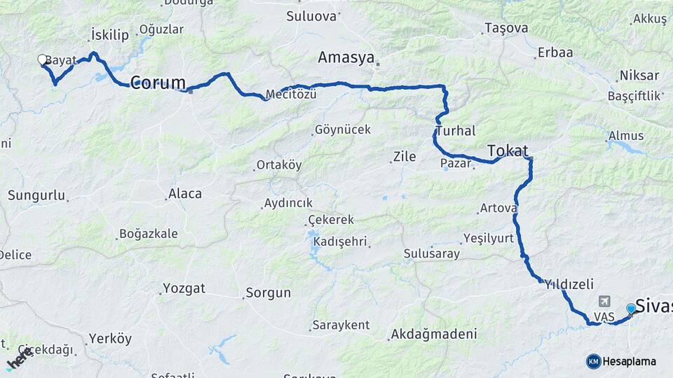Sivas Bayat Çorum Arası Kaç Km - Yol Haritası
