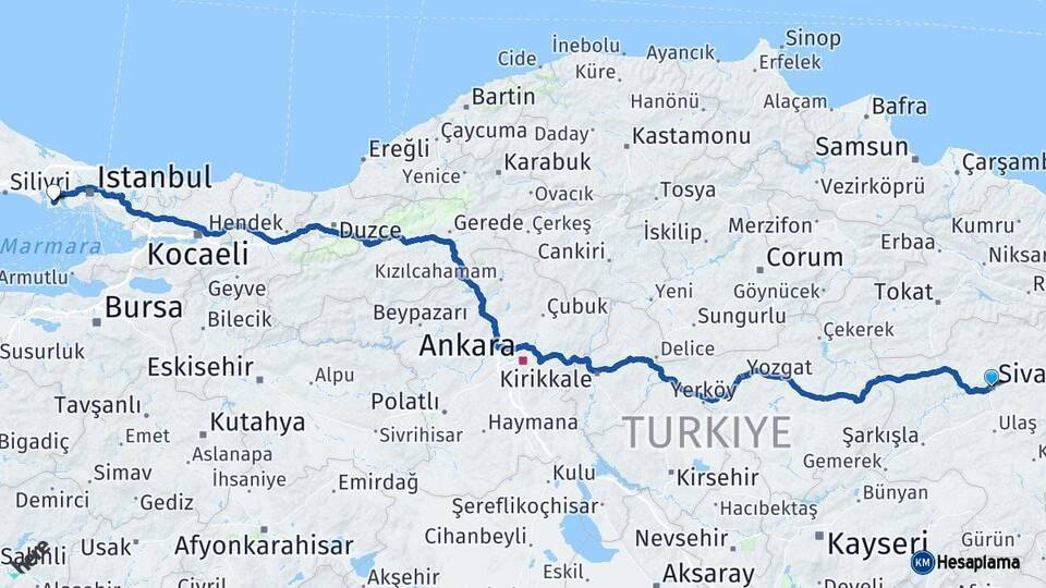Sivas Beylikdüzü İstanbul Arası Kaç Km - Yol Haritası