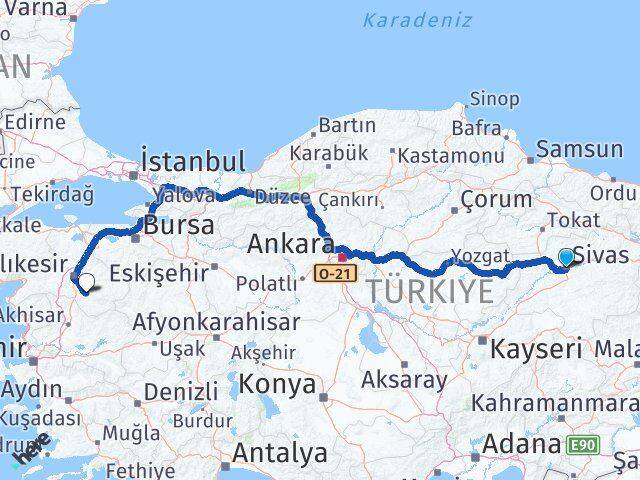 Sivas Bigadiç Balıkesir Arası Kaç Km - Yol Haritası