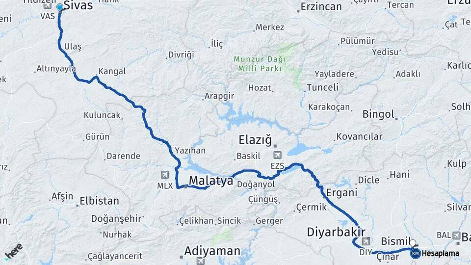 Sivas Bismil Diyarbakır Arası Kaç Km - Yol Haritası