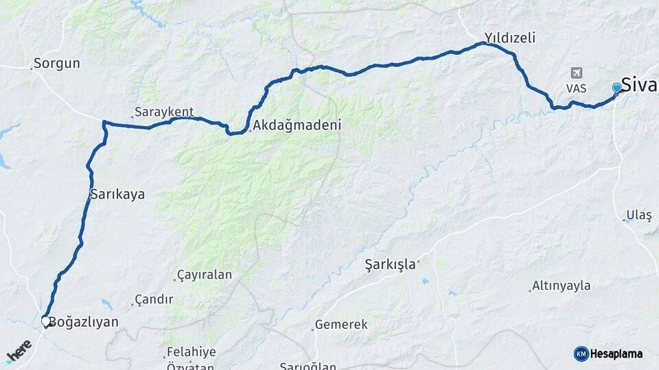 Sivas Boğazlıyan Yozgat Arası Kaç Km - Yol Haritası