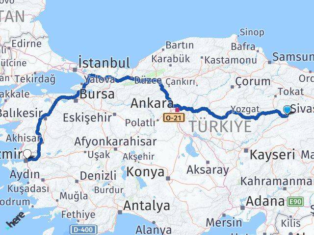 Sivas Bornova İzmir Arası Kaç Km - Yol Haritası