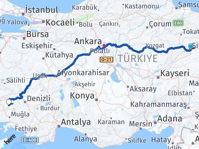 Sivas Bozdoğan Aydın Arası Kaç Km - Yol Haritası