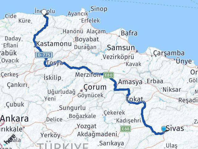 Sivas Bozkurt Kastamonu Arası Kaç Km - Yol Haritası