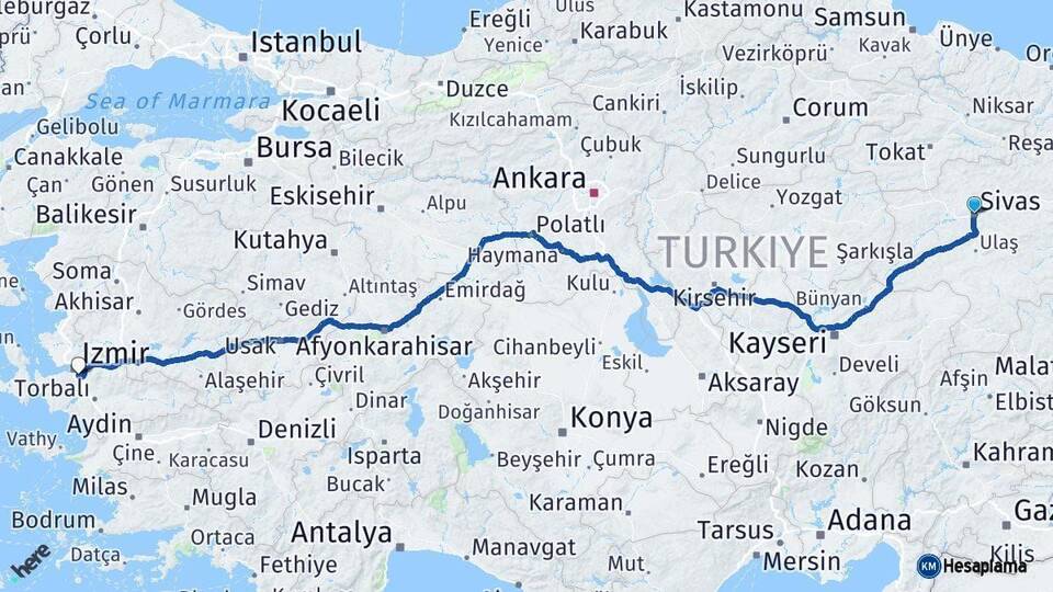 Sivas Buca İzmir Arası Kaç Km - Yol Haritası