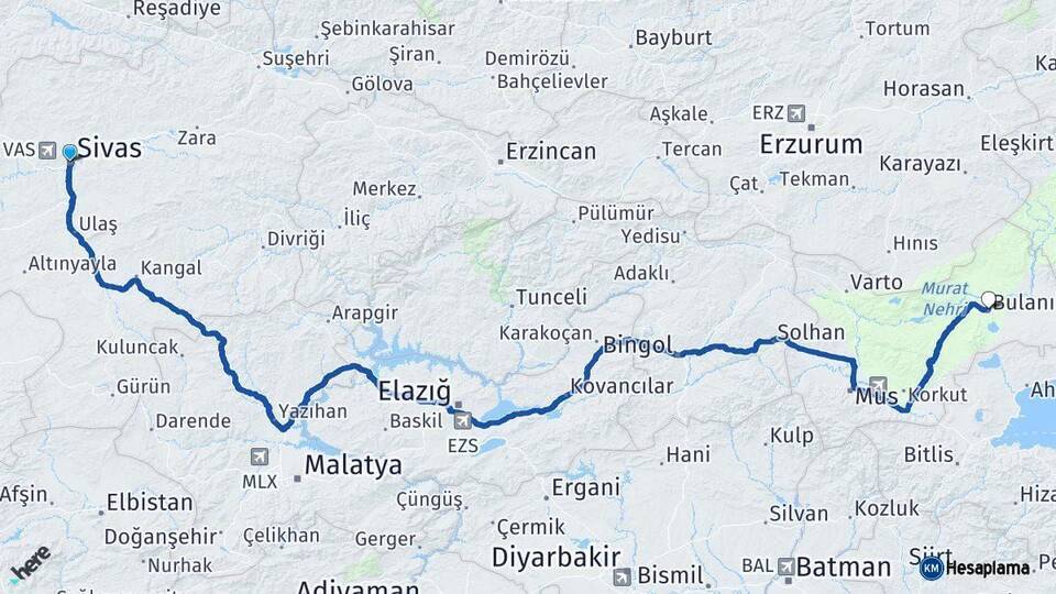 Sivas Bulanık Muş Arası Kaç Km - Yol Haritası