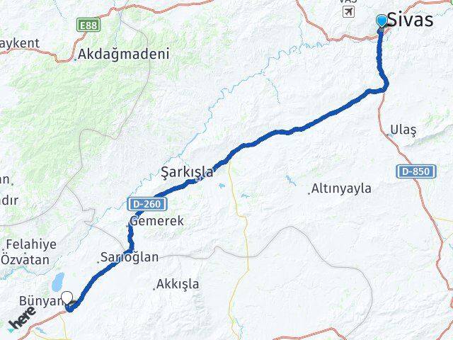 Sivas Bünyan Kayseri Arası Kaç Km - Yol Haritası
