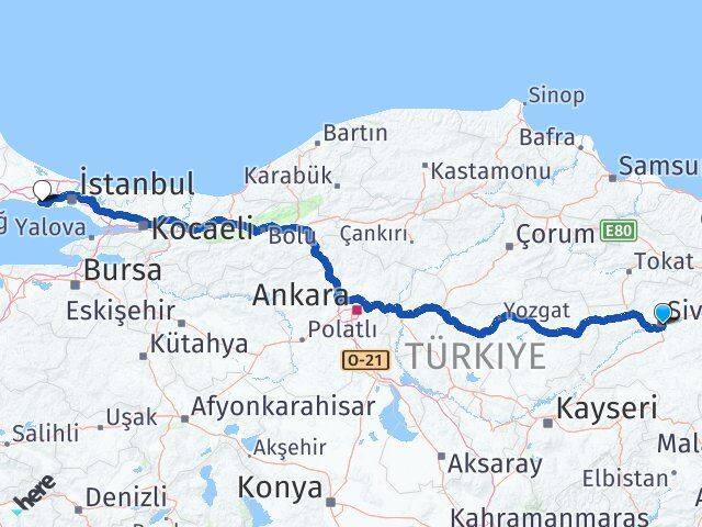 Sivas Büyükçekmece İstanbul Arası Kaç Km - Yol Haritası