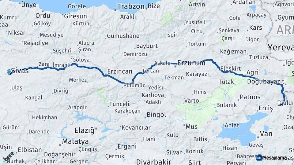 Sivas Çaldıran Van Arası Kaç Km - Yol Haritası