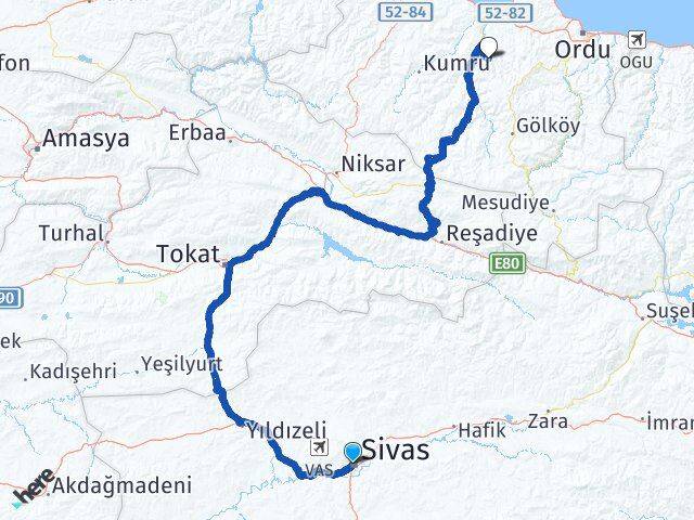 Sivas Çamaş Ordu Arası Kaç Km - Yol Haritası