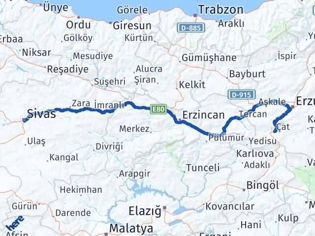 Sivas Çat Erzurum Arası Kaç Km - Yol Haritası