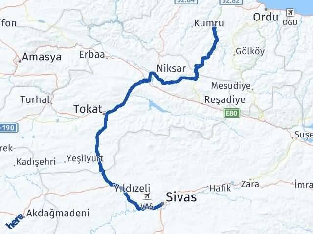 Sivas Çatalpınar Ordu Arası Kaç Km - Yol Haritası